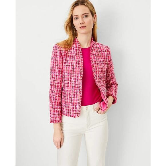 Ann Taylor NWOT The Cutaway Pink Red Fringe Tweed Open Front Jacket Size 12 - Picture 10 of 10